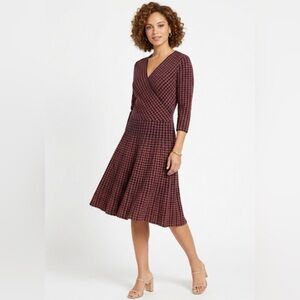 The Fold Houndstooth Dress, Wrap Front, Three Quarter Sleeve, Pleated Skirt